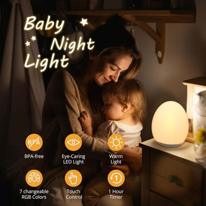 JolyWell Night Light - Rechargeable Baby Egg Lamp with 7 Color Modes & Touch Control | BPA Free, Wood Finish