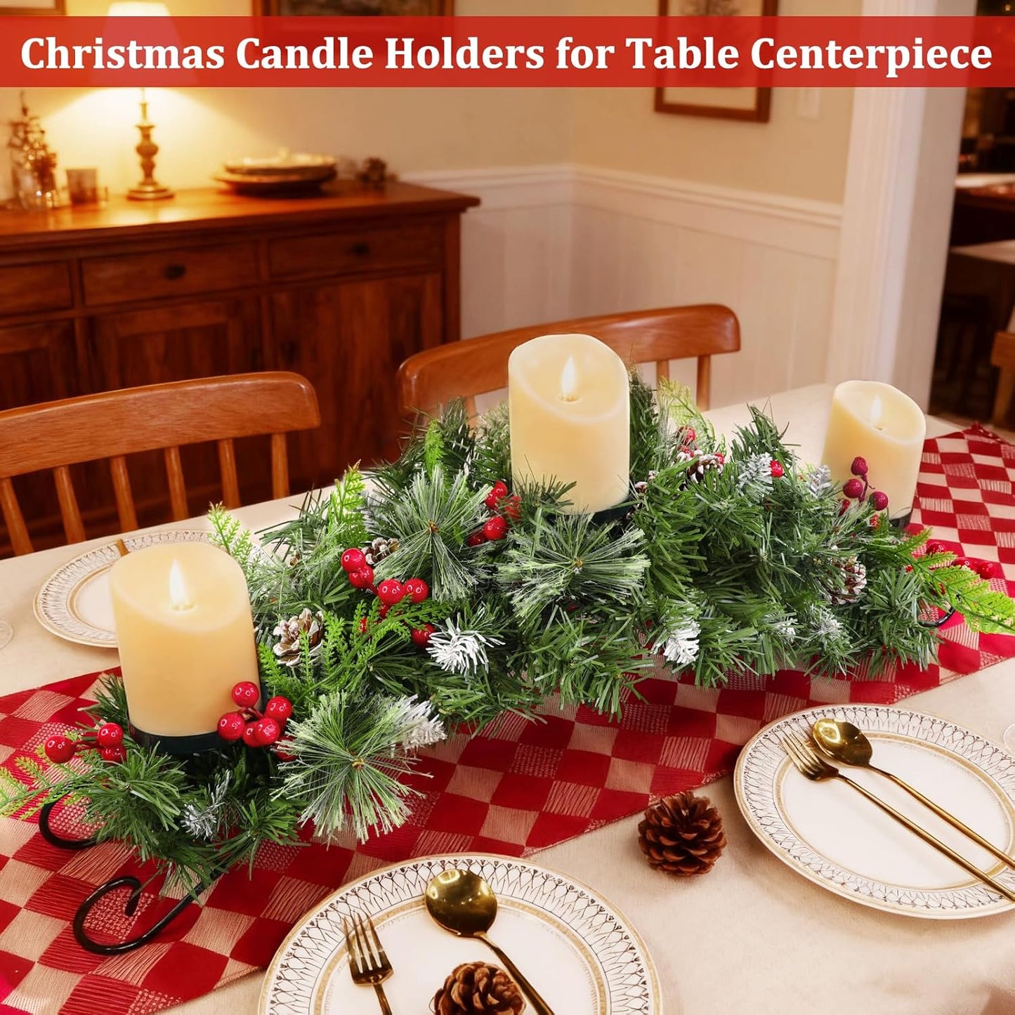 Regine Switzerland 30-Inch Christmas Table Centerpiece - 3 Candle Holders, Red Berry & Pinecone Decor