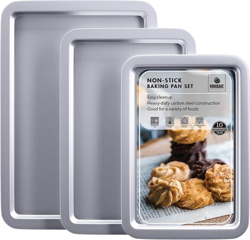 HONGBAKE Nonstick Baking Sheet Set - 3 Pack Cookie Sheets with Wider Grips | Noble Silver Finish