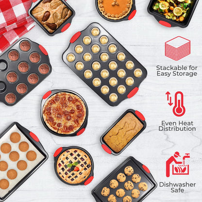 PERLLI Non-Stick 10-Piece Baking Pan Set - BPA-Free Carbon Steel Bakeware with Silicone Handles | Oven Safe Up to 446°F
