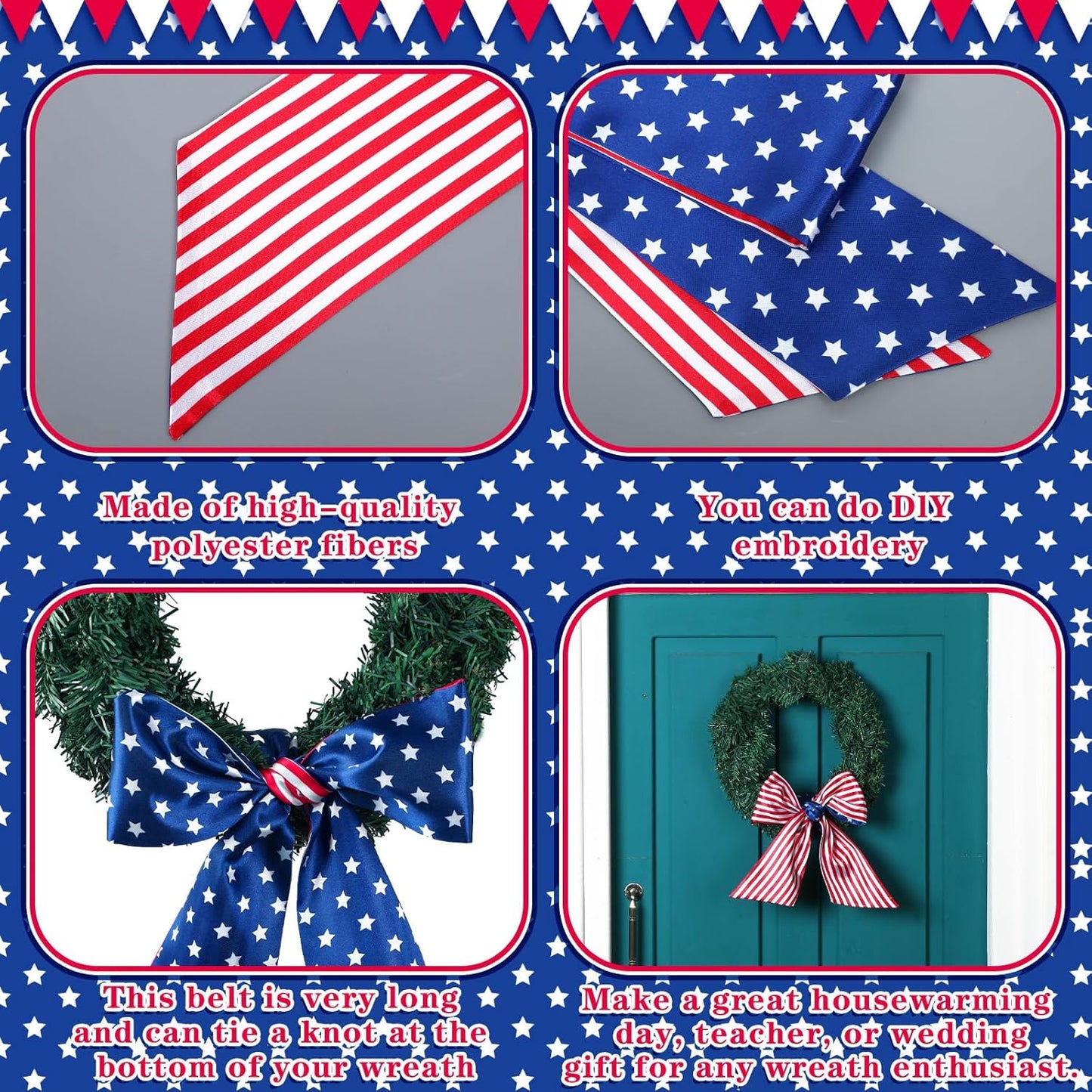 Skiennix 4th of July Patriotic Sash - Reversible Wreath Scarf for Festive Outdoor Decor | 2 Pcs