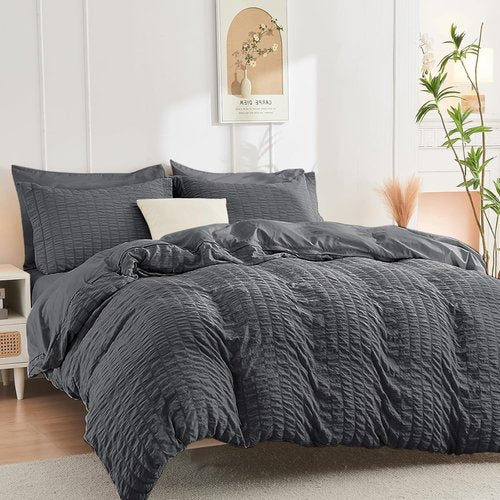 HYMOKEGE Duvet Cover Set - Ultra Soft Dark Grey Seersucker Bedding | Queen Size, 3-Piece with Zipper Closure & 8 Corner Ties (90"x90")