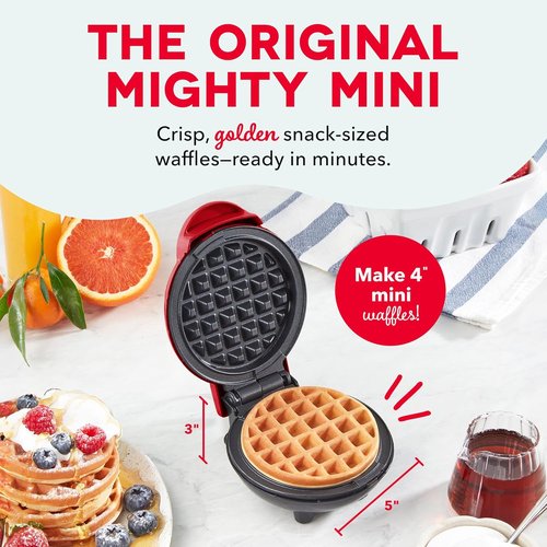 Dash Mini Waffle Maker - Compact Electric Iron for Creative Treats - Nonstick & Easy to Clean - Red