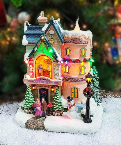 Vintage Candlemaker Christmas Village House with LED Lights & 8 Carols - Hand Painted Polyresin
