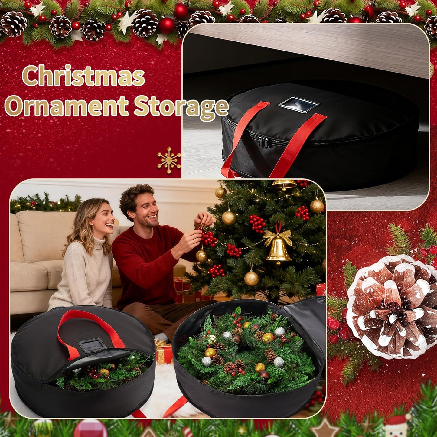Skiennix Wreath Storage Bag - Heavy-Duty 24" Container for Christmas & Holiday Ornaments - Black