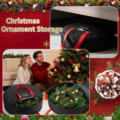 Skiennix Wreath Storage Bag - Heavy-Duty 24" Container for Christmas & Holiday Ornaments - Black