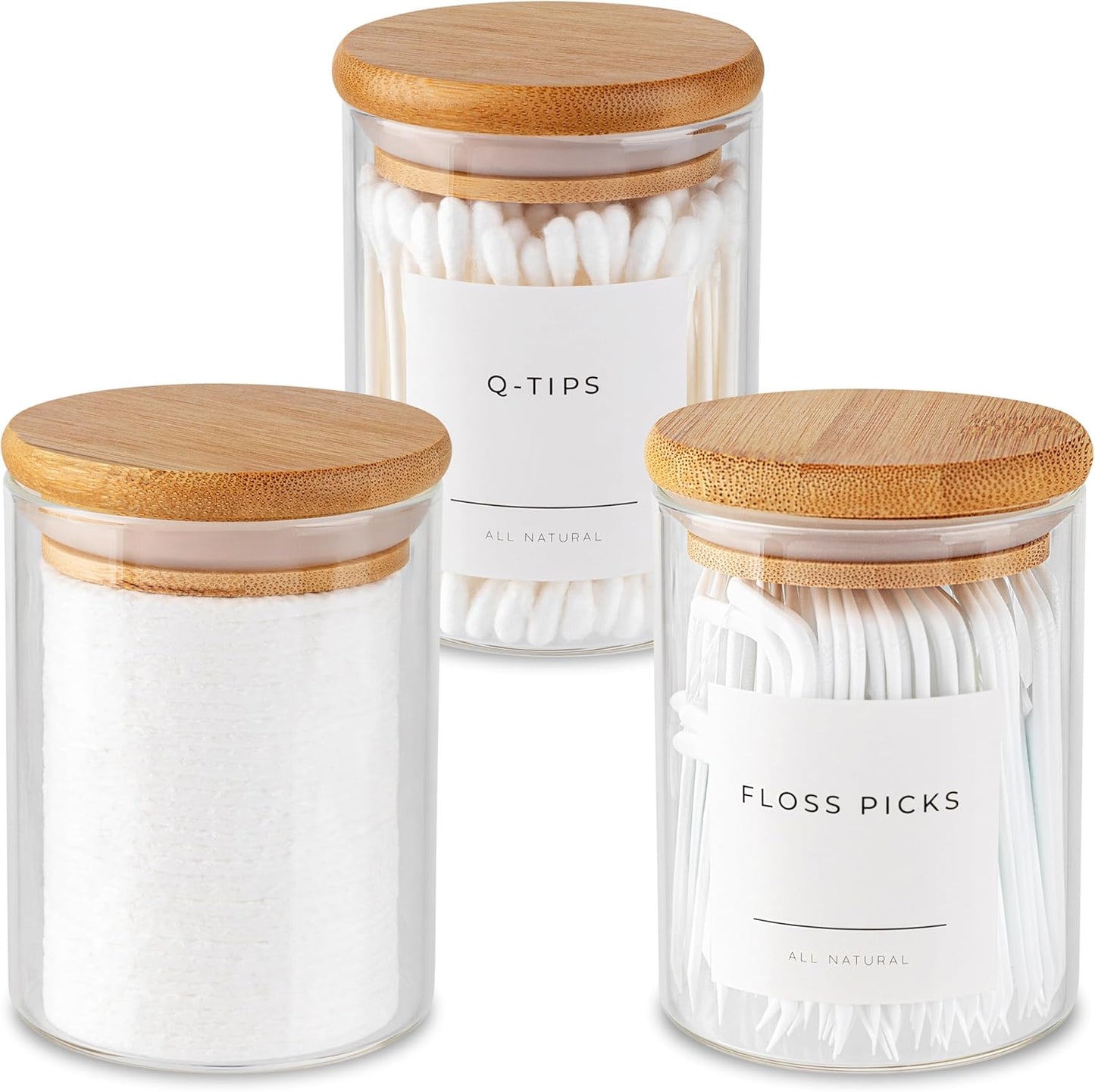 Vase And Vessel Mini Glass Apothecary Jars - Bamboo Lids, 10 oz, Set of 3 for Bathroom & Kitchen Storage