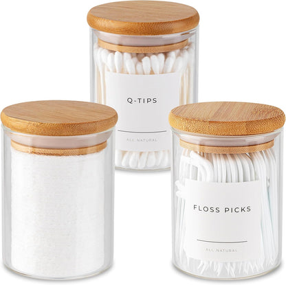 Vase And Vessel Mini Glass Apothecary Jars - Bamboo Lids, 10 oz, Set of 3 for Bathroom & Kitchen Storage