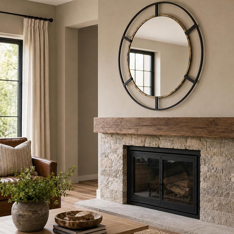 30-Inch Round Wall Mirror, Black & Antique Gold for Bathroom or Entryway - Variation: Black & Antique Gold+Round+30"L x 30"W
