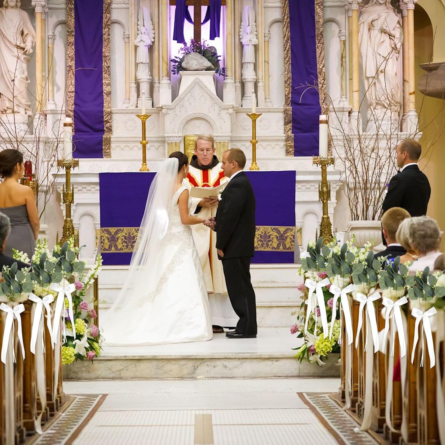Skiennix Wedding Aisle Decorations - 24 Sets of Elegant White Ribbon Bows with Artificial Eucalyptus for Chairs & Benches