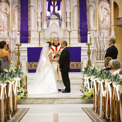 Skiennix Wedding Aisle Decorations - 24 Sets of Elegant White Ribbon Bows with Artificial Eucalyptus for Chairs & Benches