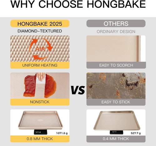 HONGBAKE Nonstick Baking Sheet Pan Set - 3 Heavy-Duty Cookie Sheets in Champagne Gold | Diamond Texture