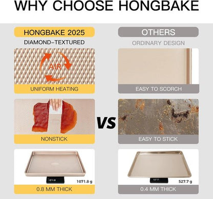 HONGBAKE Nonstick Baking Sheet Pan Set - 3 Heavy-Duty Cookie Sheets in Champagne Gold | Diamond Texture