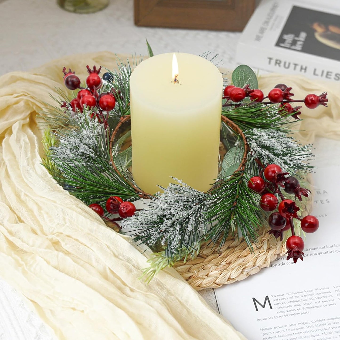 Skiennix Christmas Candle Rings - Snowy Pine Needle & Red Berry Mini Wreaths | 4PCS for Holiday Decor