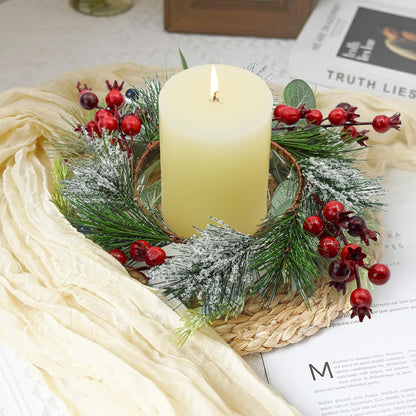 Skiennix Christmas Candle Rings - Snowy Pine Needle & Red Berry Mini Wreaths | 4PCS for Holiday Decor