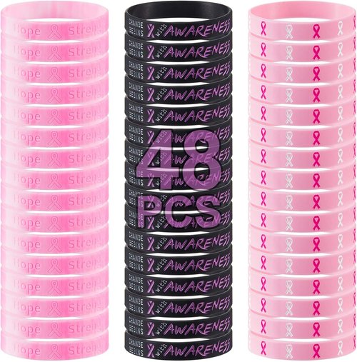 Biubee Breast Cancer Awareness Bracelets - 48Pcs Pink Ribbon Silicone Wristbands for Women’s Survivor Gifts