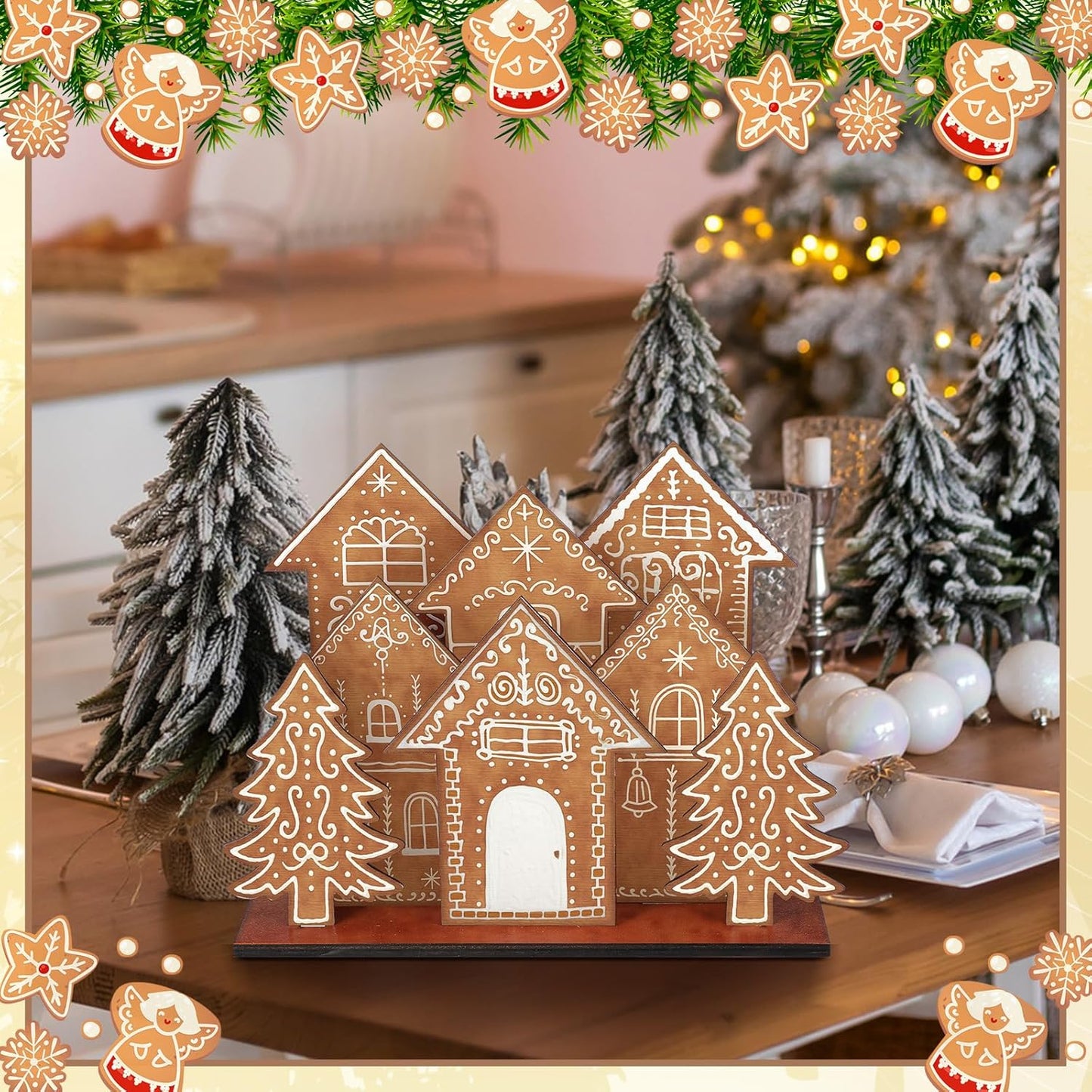 Threehoney Christmas Gingerbread House Decor - 8 Pcs Wooden Table Centerpiece for Holiday Cheer