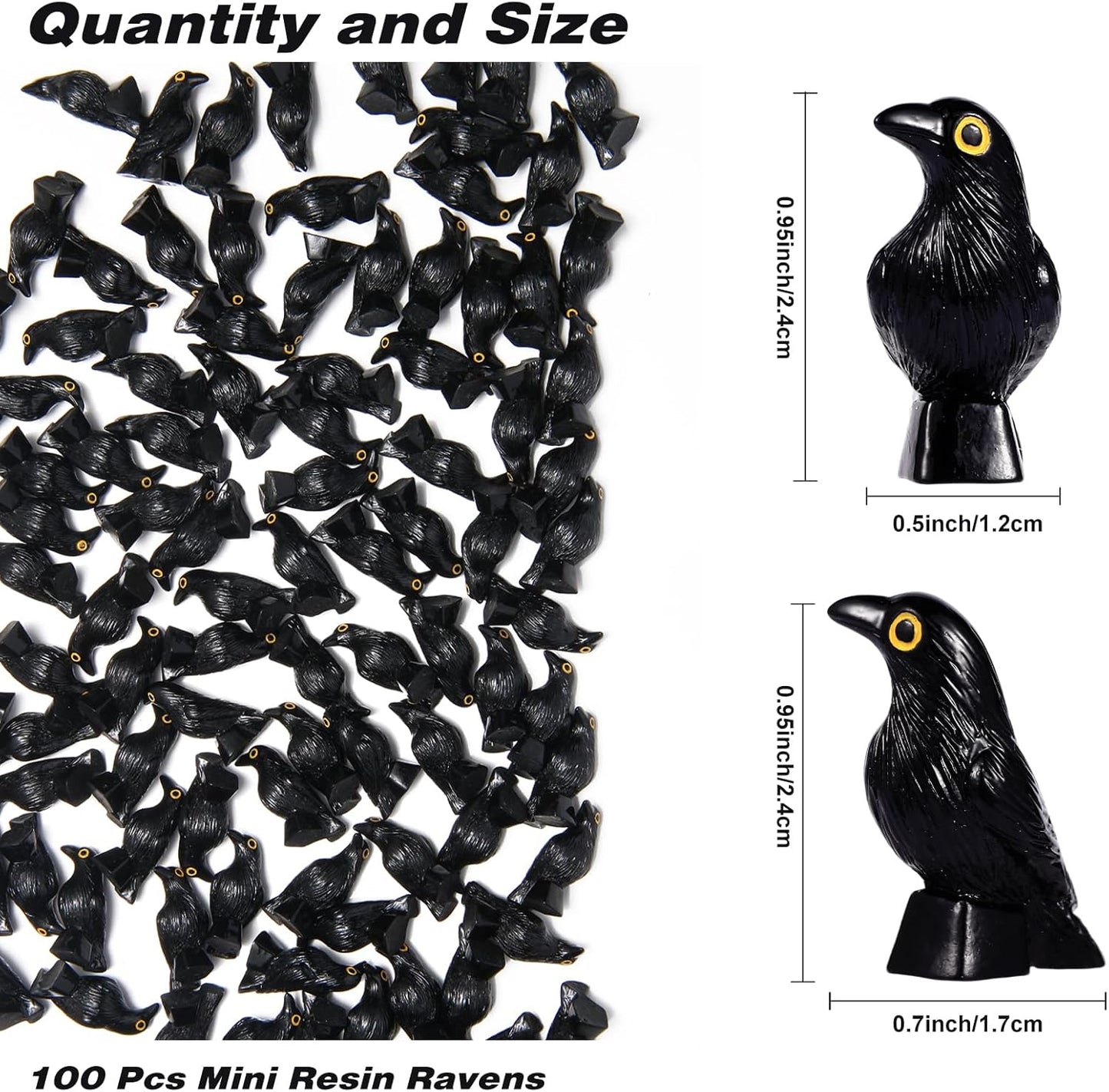 Skiennix Halloween Miniature Crow Figurines - 100 Pcs Tiny 1'' Resin Animal Ornaments for Craft Decor