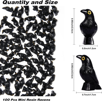 Skiennix Halloween Miniature Crow Figurines - 100 Pcs Tiny 1'' Resin Animal Ornaments for Craft Decor
