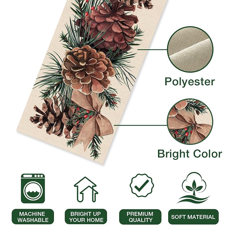 Winter Pine Cone Table Runner 13"x108" with Pine Needle, Red Berry & Bow - Seliem (Variation: Winter-pine Cone+Table Runner 13''X108'')