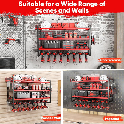 POKIPO Heavy-Duty Power Tool Organizer - Wall-Mounted 4-Layer Shelf for 400lbs Capacity | Includes 8 Drill Bit Holders
