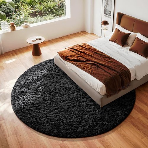 Ophanie Round Rug 8Ft Black Circle Area Rug, Room Decor for Men, Fluffy Fuzzy Bedroom Carpet, Plush Soft Shaggy Living Room Rugs for Kids Home Decor Aesthetic, Nursery