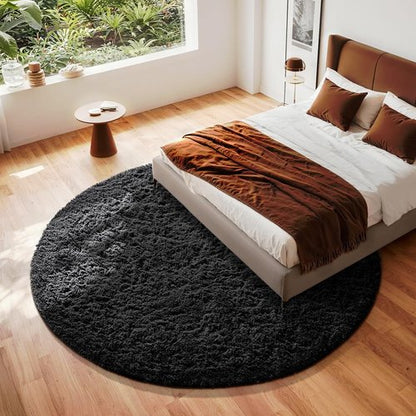 Ophanie Round Rug 8Ft Black Circle Area Rug, Room Decor for Men, Fluffy Fuzzy Bedroom Carpet, Plush Soft Shaggy Living Room Rugs for Kids Home Decor Aesthetic, Nursery