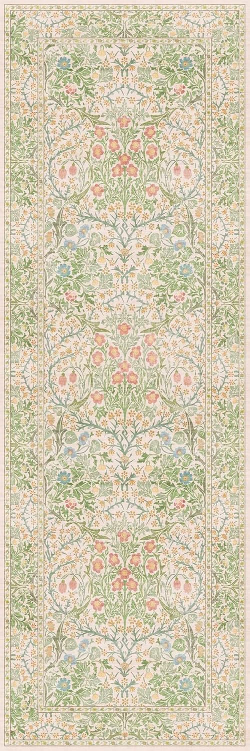 Hazo Haus Non-Slip Bathroom Runner Rug - Vintage Floral Design | Washable 24 x 72 Beige Green Mat