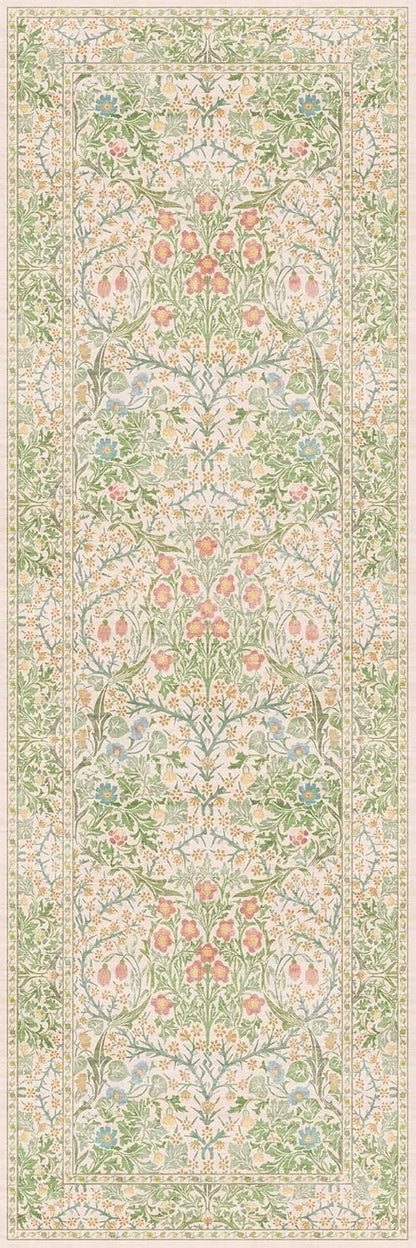Hazo Haus Non-Slip Bathroom Runner Rug - Vintage Floral Design | Washable 24 x 72 Beige Green Mat