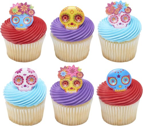 DecoPac Calavera Mask Cupcake Toppers - 24 Día de los Muertos Skull Mask Rings for Celebrations