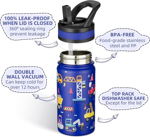 Fanhaw Insulated Kids Water Bottle - 14 Oz Stainless Steel, Leakproof & BPA-Free, Blue Construction Design