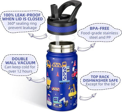 Fanhaw Insulated Kids Water Bottle - 14 Oz Stainless Steel, Leakproof & BPA-Free, Blue Construction Design