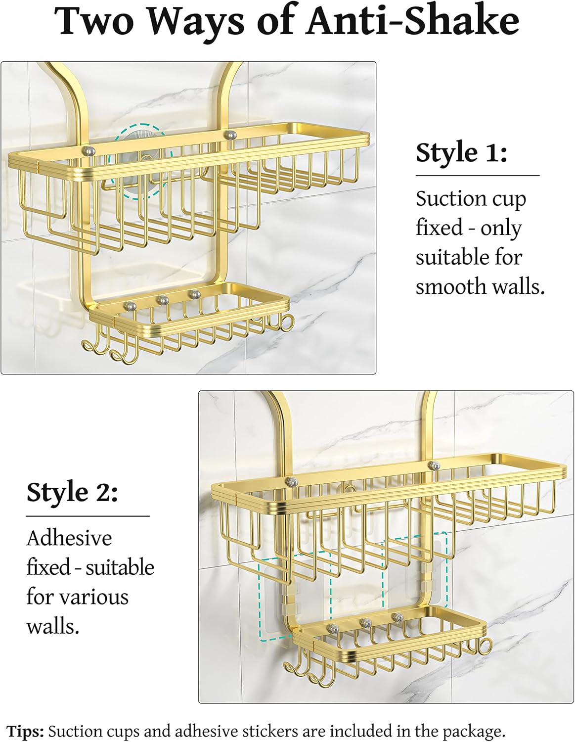 YASONIC Shower Caddy Organizer - Rustproof Aluminum Over-the-Showerhead Rack with 10 Hooks & Soap Basket - Gold