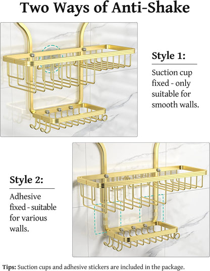 YASONIC Shower Caddy Organizer - Rustproof Aluminum Over-the-Showerhead Rack with 10 Hooks & Soap Basket - Gold