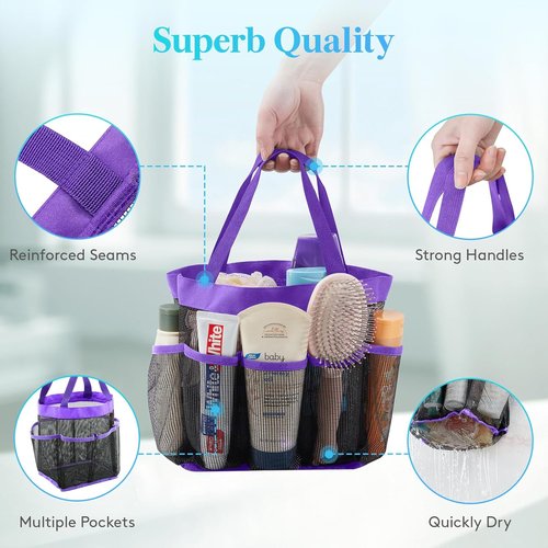 Lifewit Portable Mesh Shower Caddy - Quick Dry Tote with 7 Pockets for College Dorms & Travel | Purple