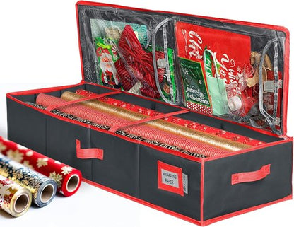 HOLDN’ STORAGE Premium Wrapping Paper Storage Container - Durable 600D Tear-Proof Design, Fits 27 Rolls, Extra Pockets for Ribbons & Bows, Black Underbed Storage for Holidays