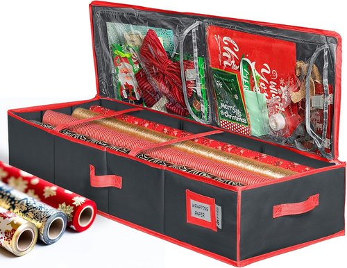 HOLDN’ STORAGE Premium Wrapping Paper Storage Container - Durable 600D Tear-Proof Design, Fits 27 Rolls, Extra Pockets for Ribbons & Bows, Black Underbed Storage for Holidays