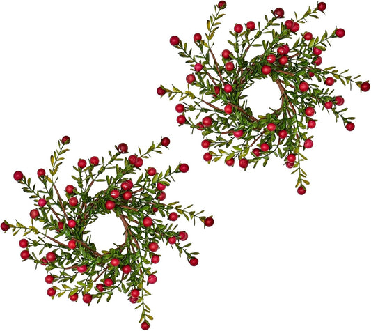 Worth Imports Boxwood and Berry Candle Ring Set - 2.25" Inner Diameter, Green & Red, 2 Pieces