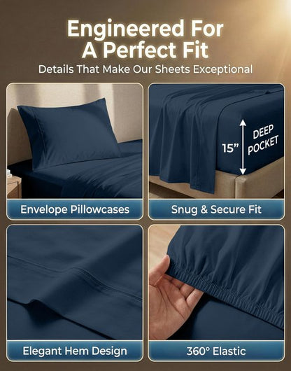 LANE LINEN Twin XL Sheet Sets - 600 Thread Count Sateen Weave - 100% Cotton Sheets for Hotel Quality Softness - 15'' Deep Pocket for Snug Fit to Your Mattress - Oeko Tex Certified - Denim