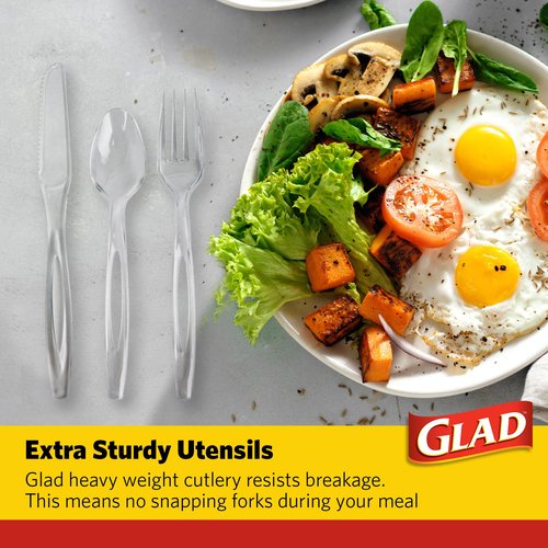 Glad Clear Disposable Cutlery Set with Heavy Duty Plastic Forks, Knives, and Spoons, Reusable Dishwasher Safe Plastic Utensils for Parties and Everyday Use, 24 Count