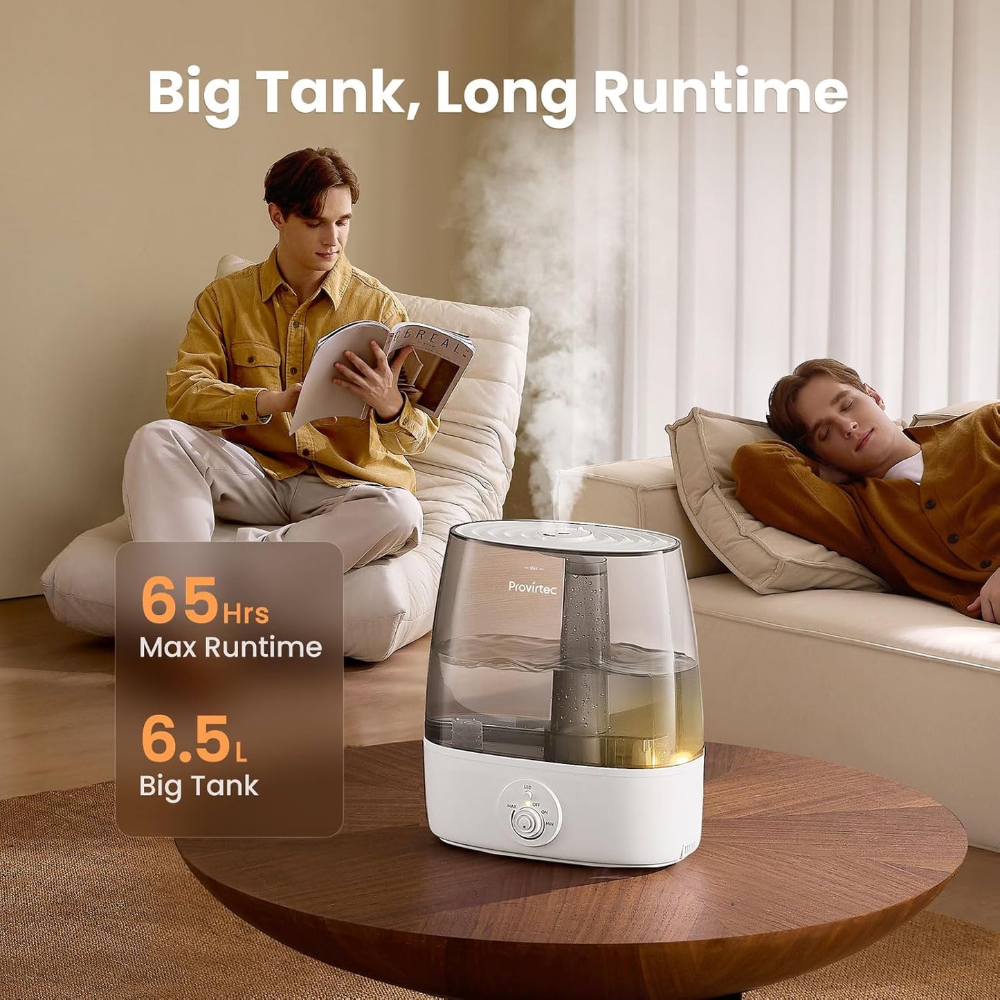 Provirtec 6.5L Humidifier - Ultra Quiet Cool Mist for Large Rooms | Low Maintenance, Top Fill Design, 65H Runtime