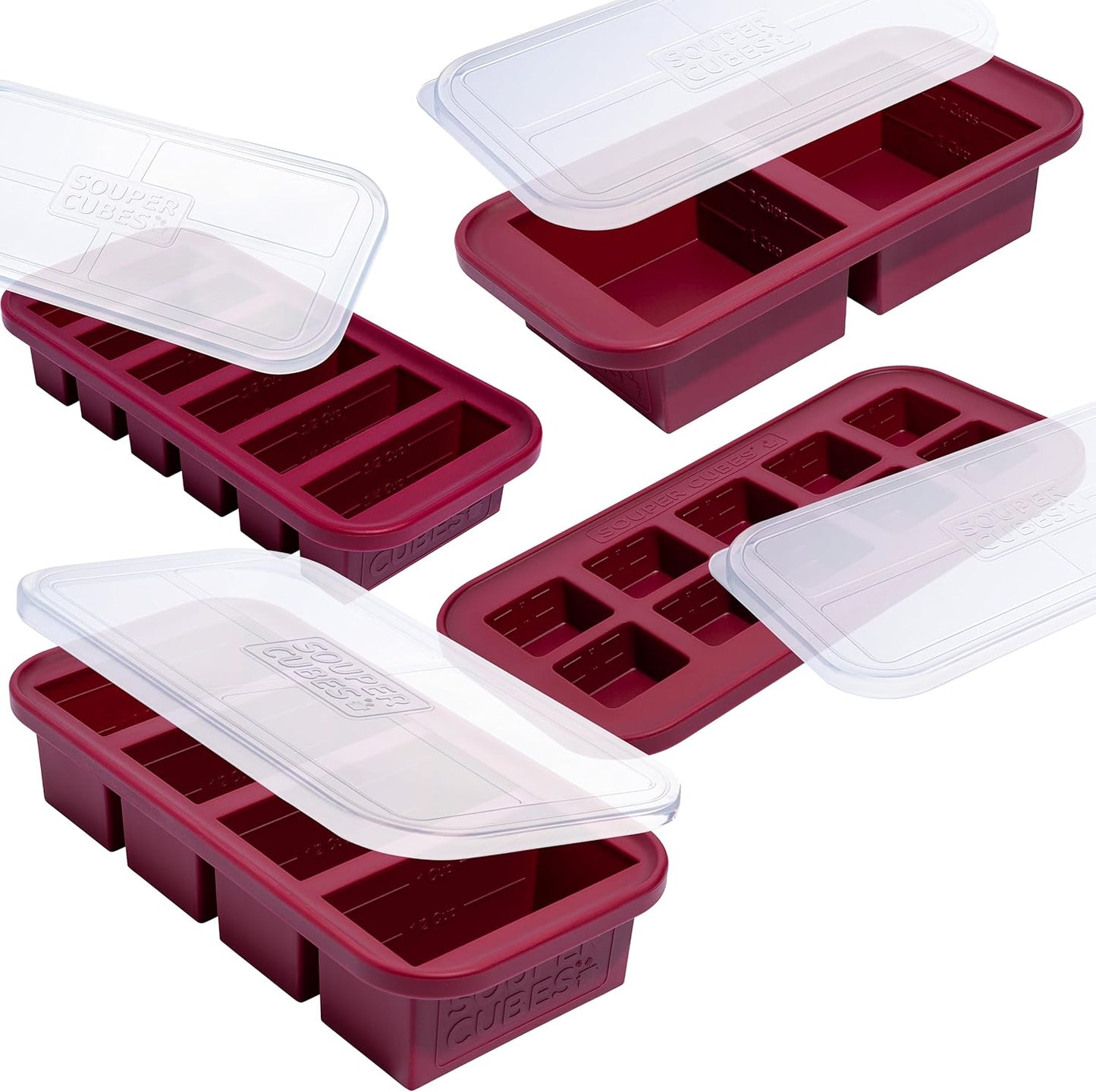 Souper Cubes Silicone Freezer Molds - Meal Prep Gift Set with 2 Tbsp, 1/2, 1, & 2 Cup Trays - Cranberry