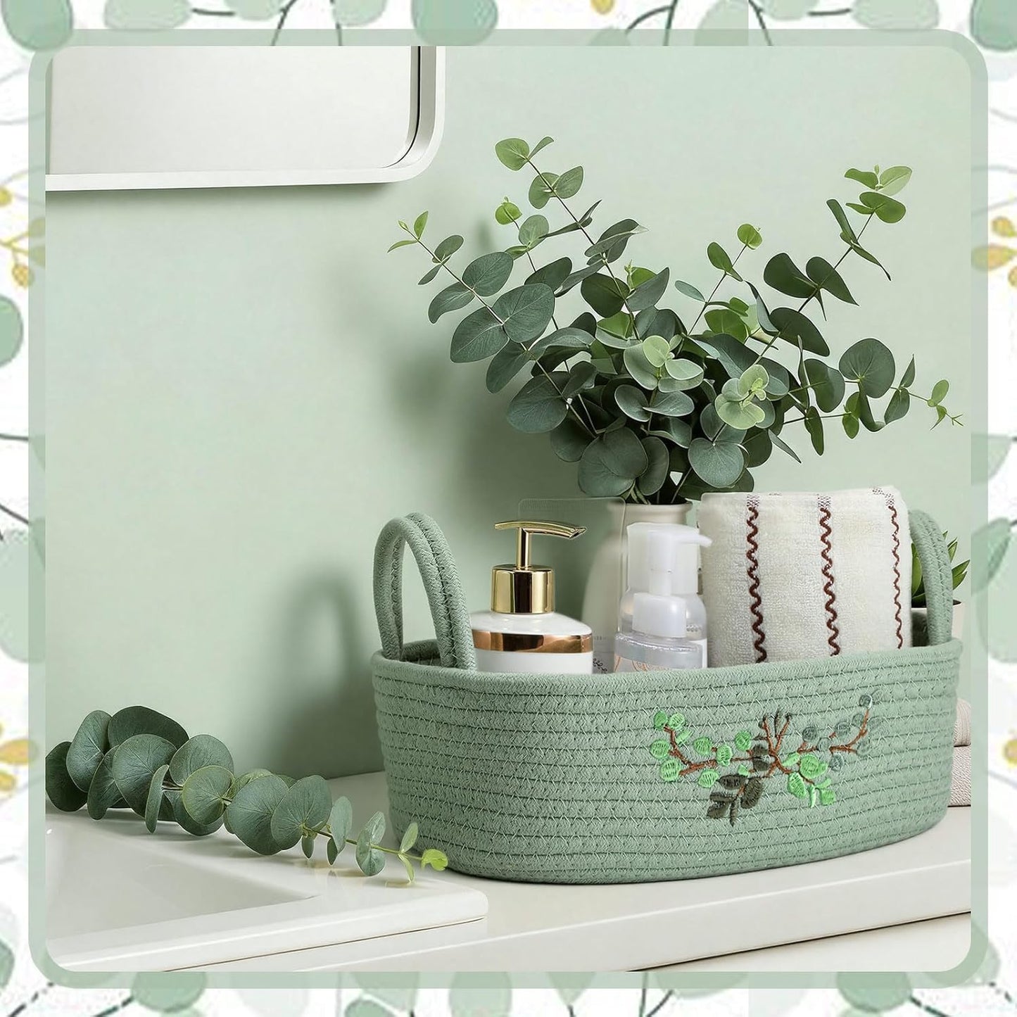 Vesici Eucalyptus Toilet Paper Basket - Woven Cotton Rope Organizer for Bathroom | 13 x 6 x 4 Inch