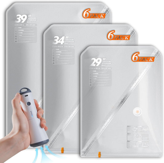 Vacbird Vacuum Storage Bags Set - 18 Pack with Rechargeable Wireless Pump | Large, Medium & Small for Clothing, Travel & Home