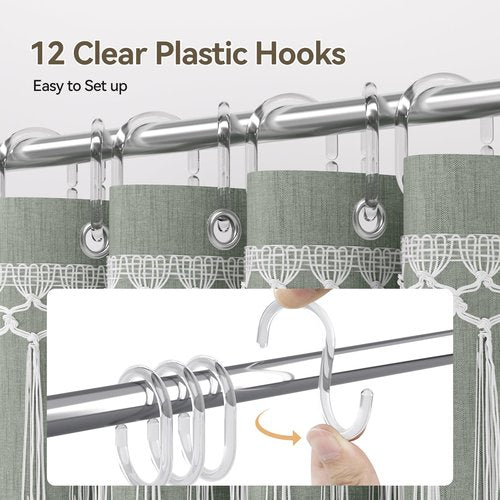 AmazerBath Green Shower Curtains for Bathroom, Boho Farmhouse Shower Curtain with Top Tassels, Sage Green Shower Curtain with 12 Hooks, Faux Linen Fabric Hotel Quality, 72x72 Inches