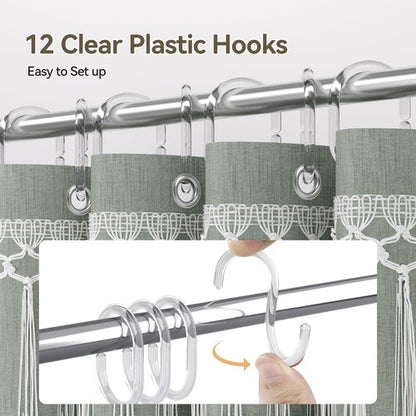 AmazerBath Green Shower Curtains for Bathroom, Boho Farmhouse Shower Curtain with Top Tassels, Sage Green Shower Curtain with 12 Hooks, Faux Linen Fabric Hotel Quality, 72x72 Inches