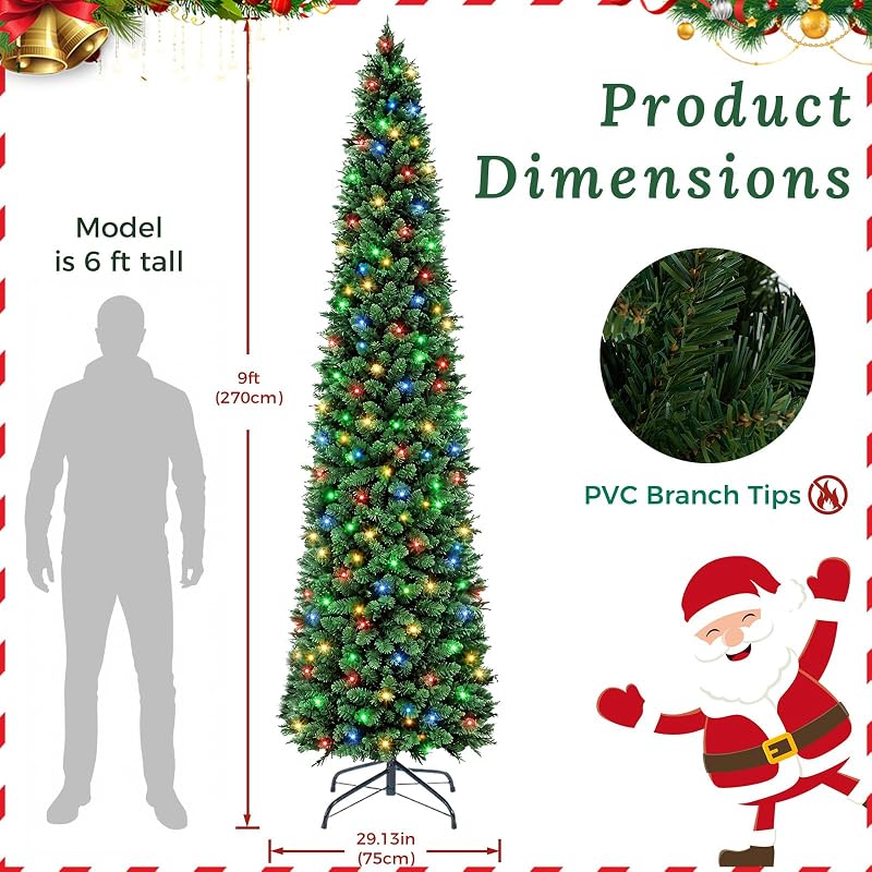 NEWBULIG 9 ft Pencil Christmas Tree - Green with Multicolor LED Lights, 1100 Tips, 8 Modes, Slim Pre-Lit