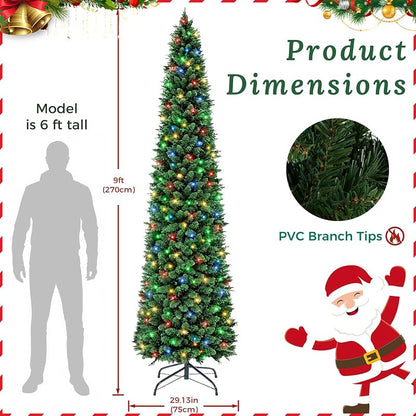 NEWBULIG 9 ft Pencil Christmas Tree - Green with Multicolor LED Lights, 1100 Tips, 8 Modes, Slim Pre-Lit
