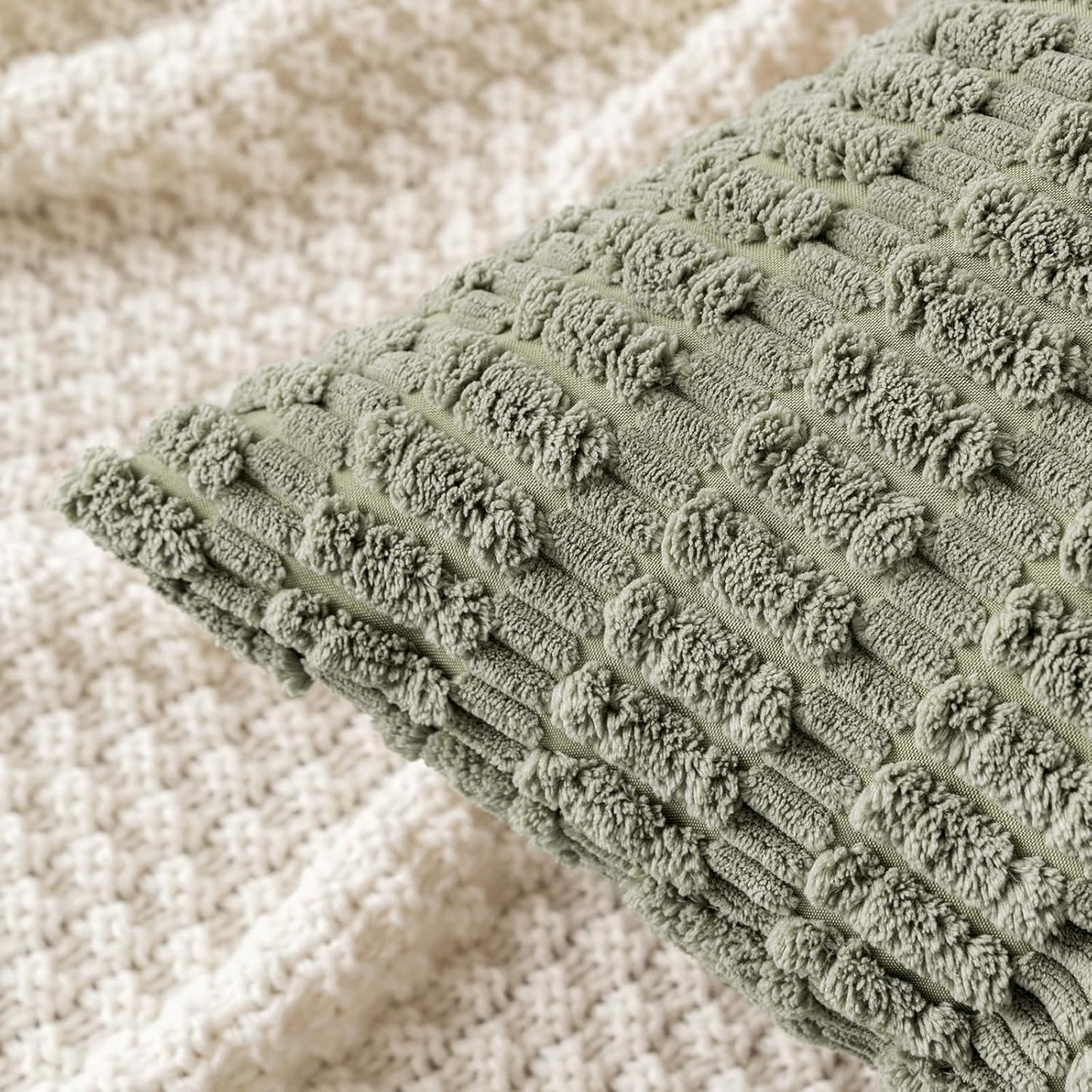 MIULEE Corduroy Throw Pillow Covers - Soft Boho Striped Design | 20x20 Inch Light Olive Green (Set of 2)