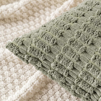 MIULEE Corduroy Throw Pillow Covers - Soft Boho Striped Design | 16x16 Inch Light Olive Green